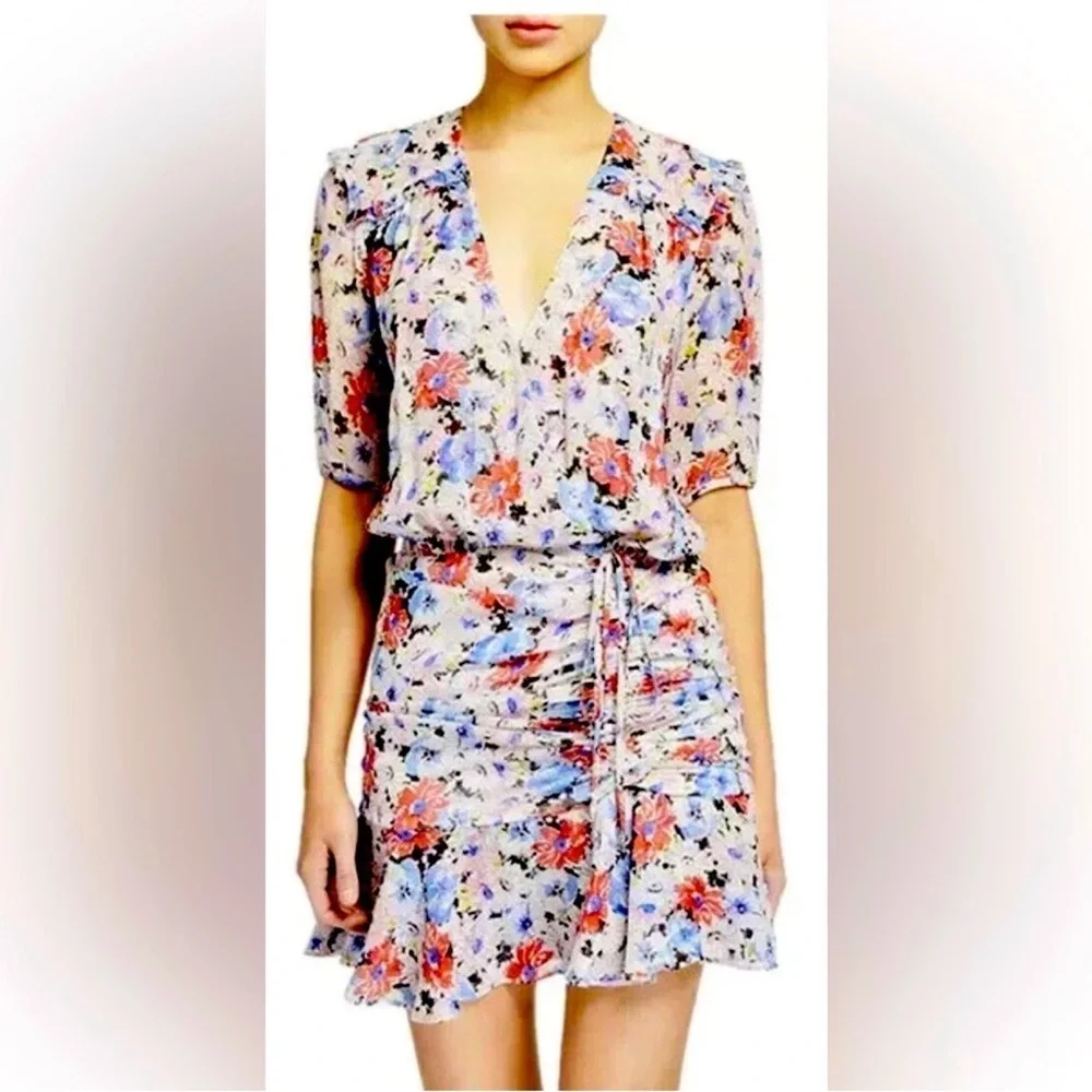 VERONICA BEARD Dakota Dress in Floral Multi Silk Ruched V- Neck Size 2